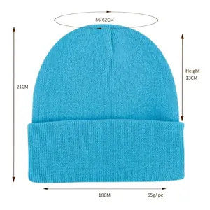 Blue knit beanie with dimensions 56-62cm head circumference and 21cm total height