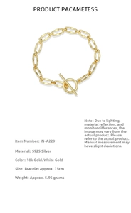 Detailed specs of S925 silver link bracelet with OT toggle clasp and 18k gold plating