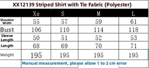 Detailed size chart for the ruched striped long sleeve shirt with accurate measurements