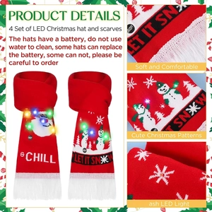 LED Christmas knitted hat and scarf set with reindeer jacquard and festive patterns
