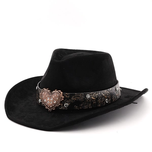 Detail of black felt fedora hat featuring an embossed band and bronze heart buckle