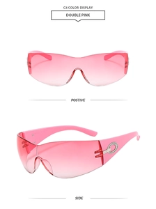 Detail view of pink gradient rimless cycling sunglasses with rhinestone metal ring