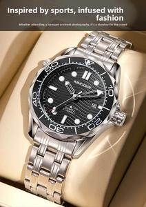 Close-up of KIMSDUN quartz watch with black wave dial and steel strap in a box