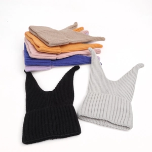 Winter rib-knit beanies with cute cat ear design in various colors for cold weather