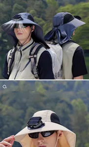 Dettaglio della ventola solare e del cappello da sole a tesa larga con protezione nuca