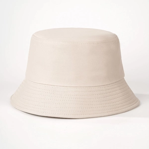 Detailed view of beige cotton bucket hat showing parallel reinforced stitching on the brim