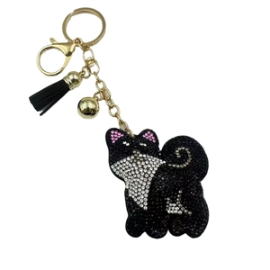 Cute Shiba Inu rhinestone keychain with black crystals, gold bell and tassel charm