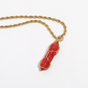 Bohemian gold rope chain necklace with red turquoise hex column pendant