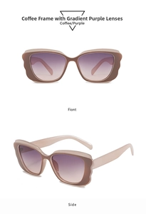 Detail view showing oversized wavy butterfly frames in transparent brown with gradient lenses