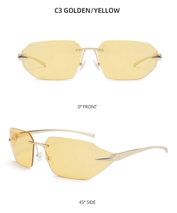 Frameless gold sunglasses with yellow tinted lenses showing front and side profile views