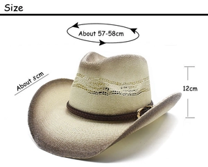 Detailed size guide for the woven straw cowboy hat showing brim and height measurements