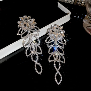 Macro de boucles d'oreilles fleurs à glands argentés serties de strass sur fond noir