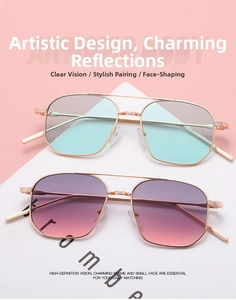Detailed view of dual-bridge metal sunglasses with gradient pink and green lenses