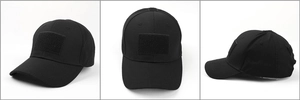 Three-angle views of a black tactical baseball cap featuring a front Velcro patch area