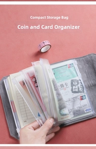 Detail of grey fabric binder with clear PVC zipper pockets for cash and card storage