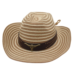 Chapeau De Cowboy En Paille Rayé À Bord Large Avec Bande En Similicuir Et Décor De Tête De Taureau En Métal Pour Femmes Hommes
