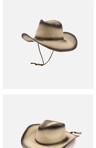 Detail of woven straw cowboy hat in khaki gradient with adjustable brown chin strap