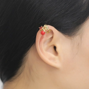 Charming 18k gold plated cherry ear cuff with red bead and rhinestone for women