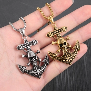 Gothic anchor and skull pendant necklaces in gold and silver stainless steel finish