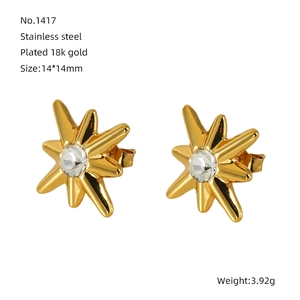 Detail of 14x14mm stainless steel eight-pointed star earrings with 18k gold plating
