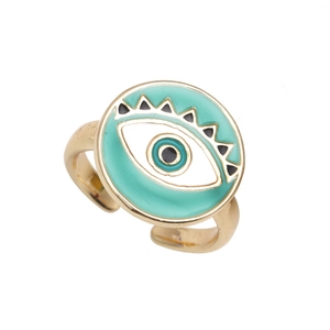 Gold adjustable evil eye ring with turquoise enamel inlay and bohemian geometric details