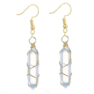 Detail of handmade wire-wrapped hexagonal opal crystal drop earrings with gold hooks