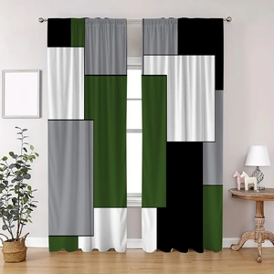 Detail view of modern geometric patchwork curtains in green black and gray polyester fabric