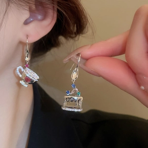 Vintage asymmetric silver teacup and cake earrings with colorful zircon stones for women