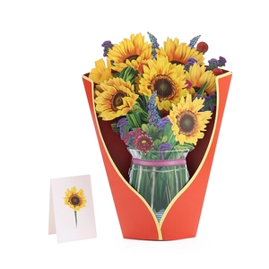 Macro detail of a 3D pop-up sunflower bouquet card with matching mini gift tag