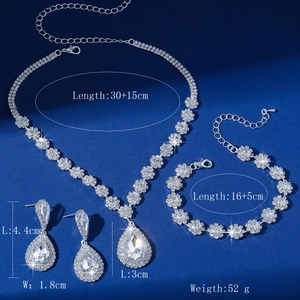 Detailed size chart for silver floral necklace and drop earring set with dimensions