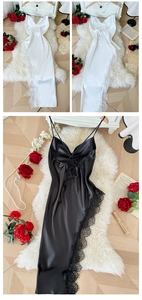 Detail of silk satin nightdress with eyelash lace trim and criss-cross back straps