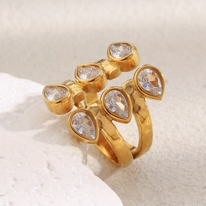 18K gold plated stainless steel double layer ring with symmetric teardrop zircons
