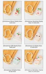 Detail view of 6 Christmas cookie cutters with snowman, reindeer and gift sled dimensions