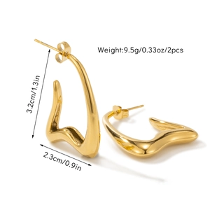 Detail view of gold chunky wavy earrings with dimensions 3.2cm by 2.3cm and weight specs