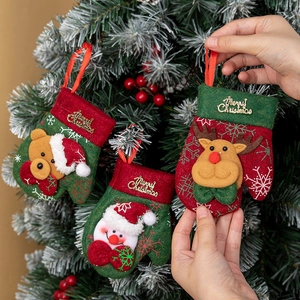 Christmas mittens hanging ornaments with 3D Santa, snowman and reindeer embroidery