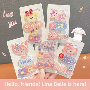Detail view of cartoon hair clip set with characters in pastel colors, 15 pieces pack