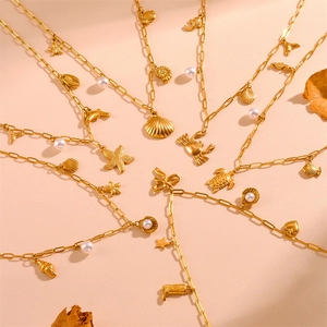 Collier Thème Océan En Acier Inoxydable Pendentifs Tortue De Mer Crabe Coquillage Étoile De Mer Dauphin Künstliche Perle Bijoux De Plage Pour Femmes