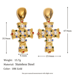 Vintage 18K gold plated stainless steel cross earrings with pearls and colorful gems
