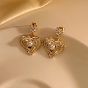 Stainless Steel Heart Earrings With Zircon And Faux Artificial Pearl Vintage Layered Asymmetric French Style Jewelry For Women