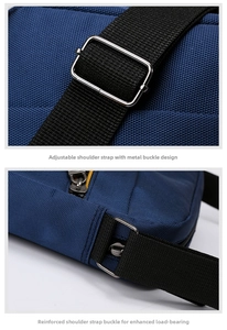 Detail of adjustable nylon strap and reinforced metal buckle on blue fabric shoulder bag
