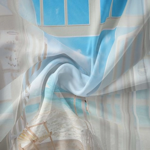 Detail of artistic seaside landscape printed on soft blue and white chiffon tapestry fabric