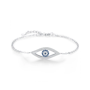 Minimalist S925 sterling silver hollow evil eye bracelet with blue and clear gemstones