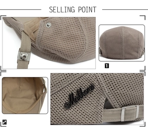 Detail view of khaki breathable mesh flat cap with adjustable metal buckle and side logo