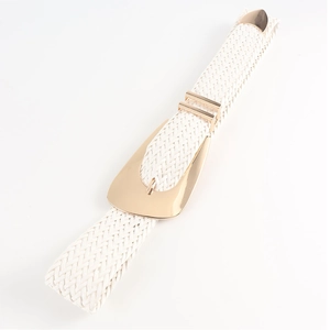Detail of white hand-woven waist belt featuring a polished gold triangular metal buckle
