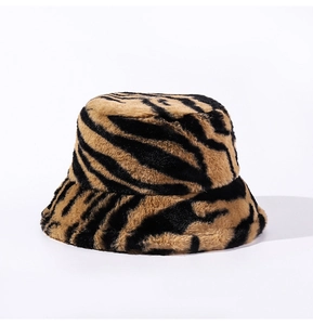 Close-up of zebra pattern bucket hat showing high-quality faux fur texture and stripes