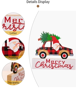 Detail view of wooden Christmas truck ornament with Merry Christmas text on base
