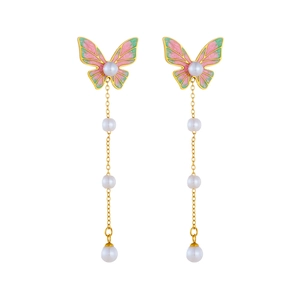 Pink and green gradient butterfly earrings with golden tassels and white pearls