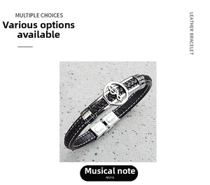 Detail of woven leather bracelet featuring a silver stainless steel music note charm