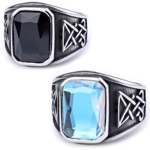 Men's vintage stainless steel signet ring with Celtic knot details and blue gemstones