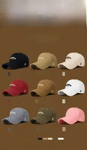 Detailed grid showing nine colors of distressed cotton baseball caps with embroidery